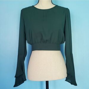 Ambiance Green Chiffon Open Back Tie Long Bell Sleeve Crop Top